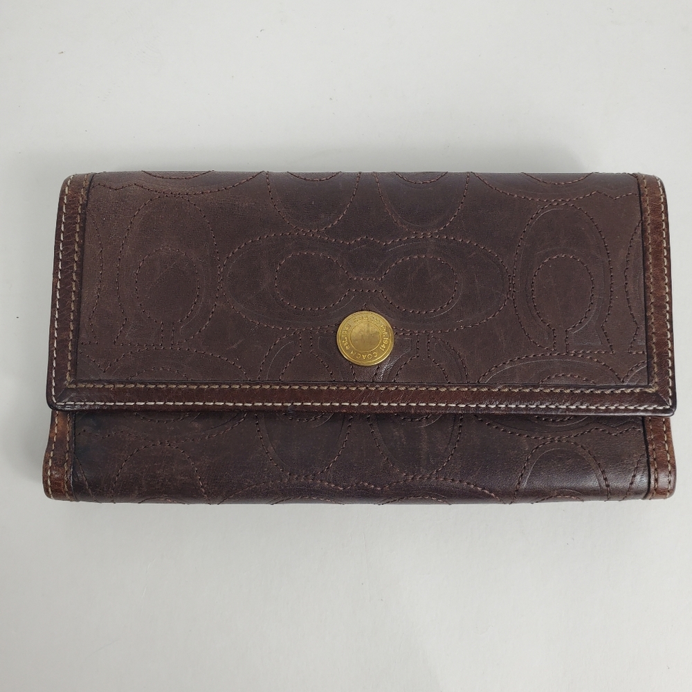 Coach 90s Brown Embroidered Wallet Three-Fold Wallet Multi Section Snap Front